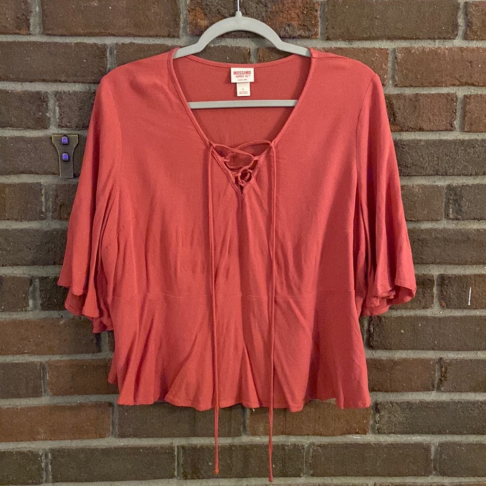 Coral peasant top with lace up detail ♥️